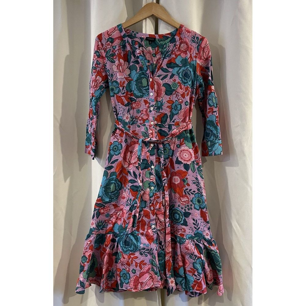 Talbots Bright Floral 100% Soft Cotton Button Down 3/4 Sleeve Midi Dress Size 2